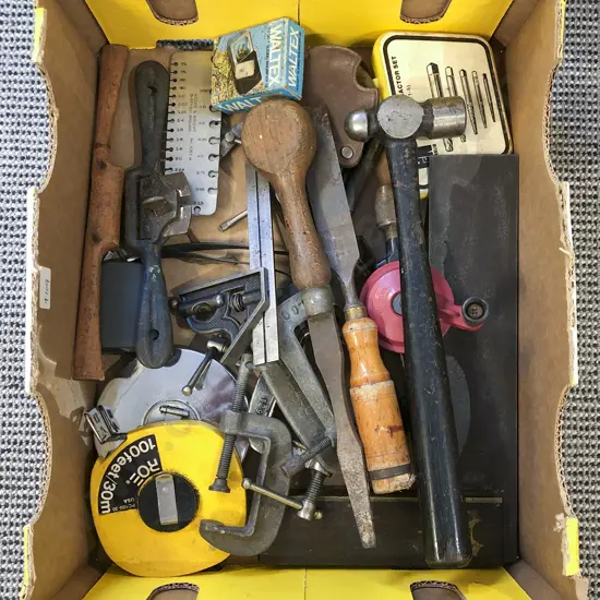 Box of Assorted Vintage Tools & Accessories