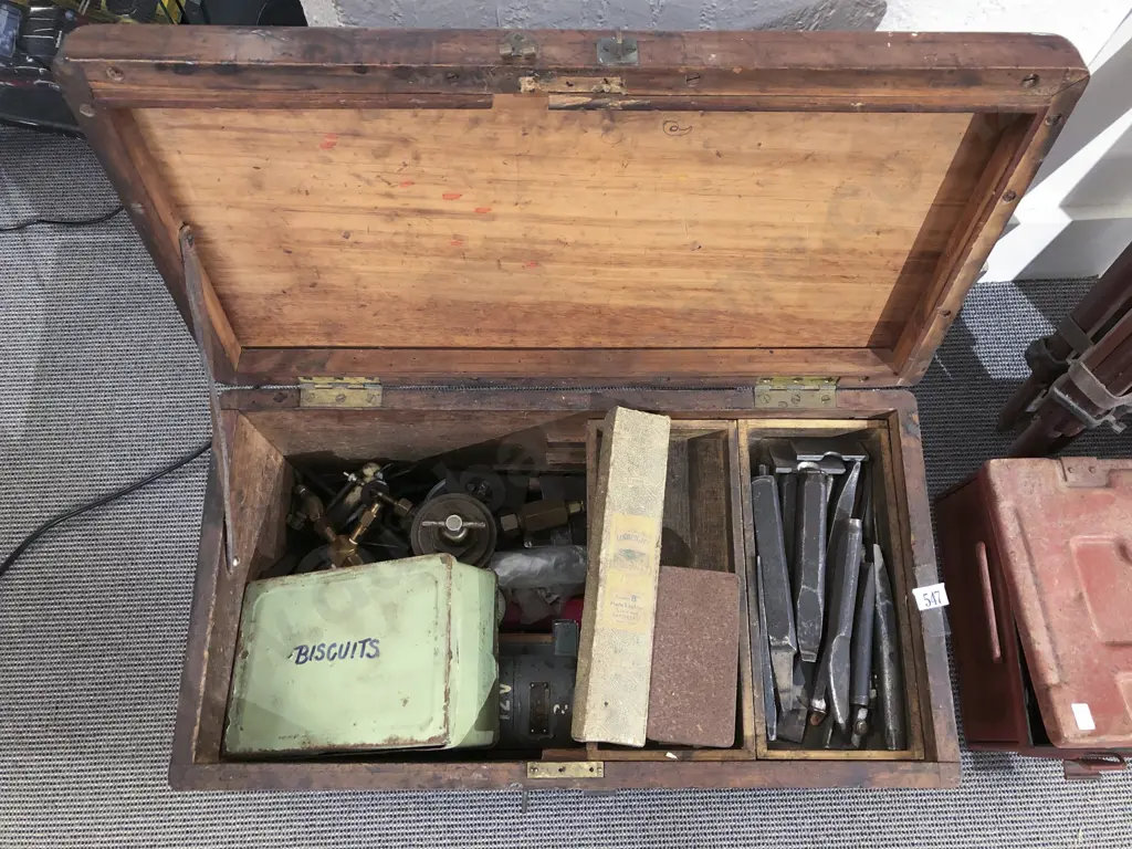 Vintage Wooden Tool Chest with Assorted Tool Accessories & Gauges etc Image 1++