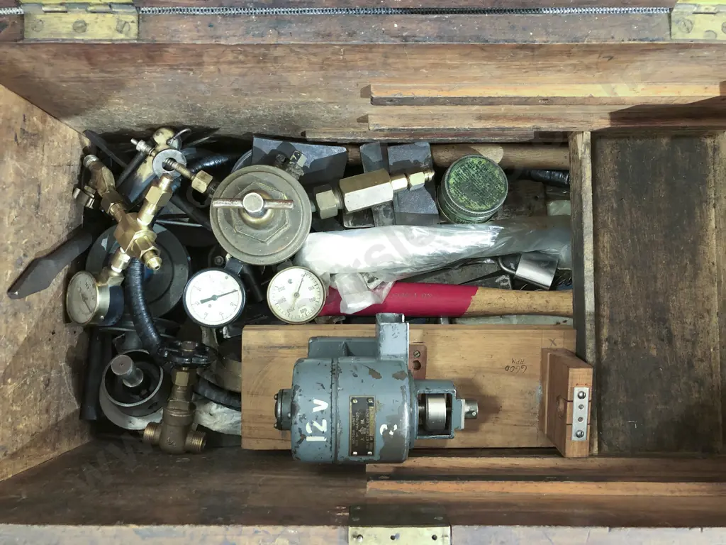 Vintage Wooden Tool Chest with Assorted Tool Accessories & Gauges etc Image 1++