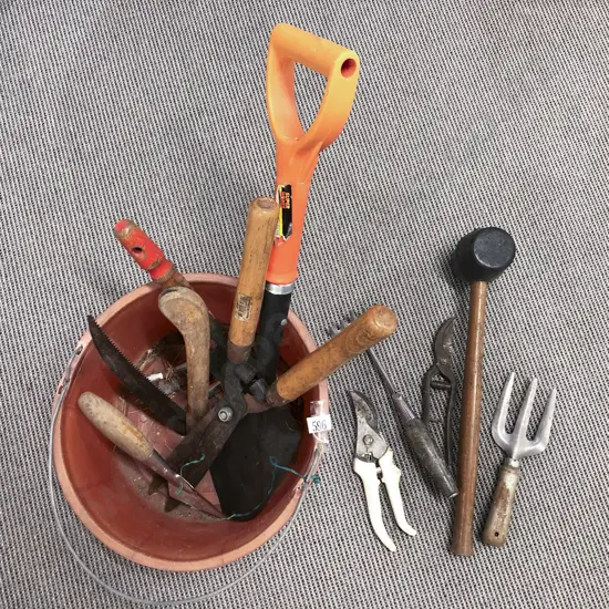 Bucket of Assorted Garden Tools etc