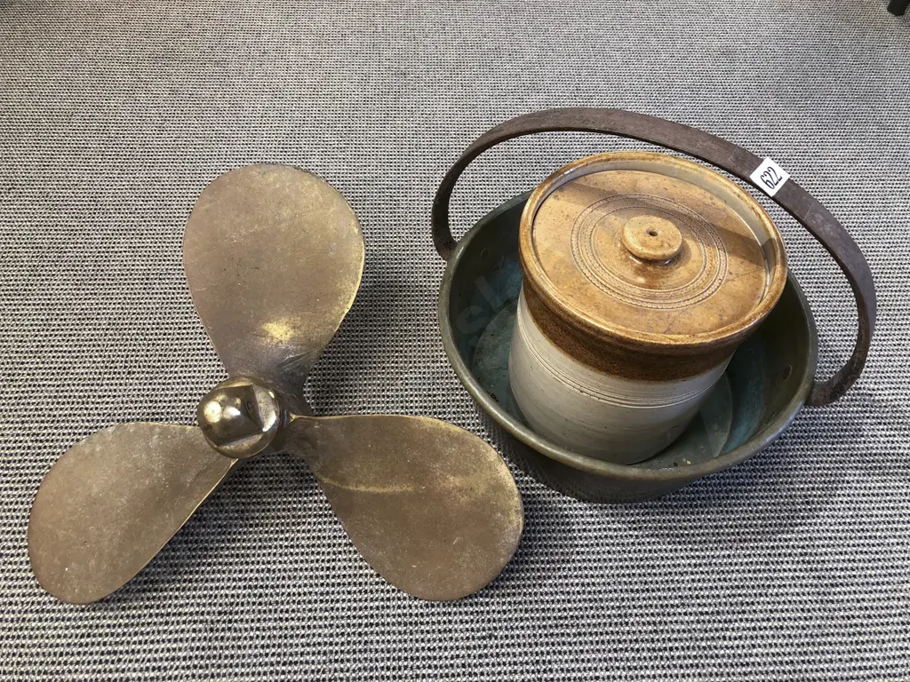 Brass Jam Pan and Brass Propeller together with Small Stoneware Crock (faults) Image 1++