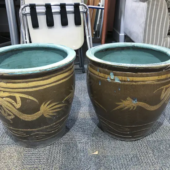 Pair of Dragon Decorated Garden Pots