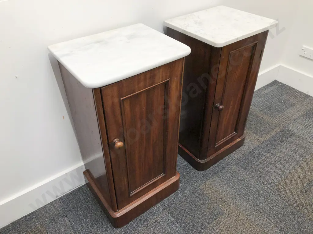 Near Matched Pair of Mahogany Marble Topped Side Cabinets Image 1++