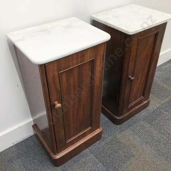 Near Matched Pair of Mahogany Marble Topped Side Cabinets