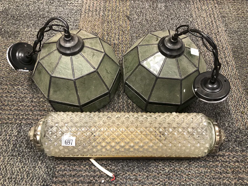 Pair of Leadlight Pendant Lights together with Vintage Bracket Light Image 1++