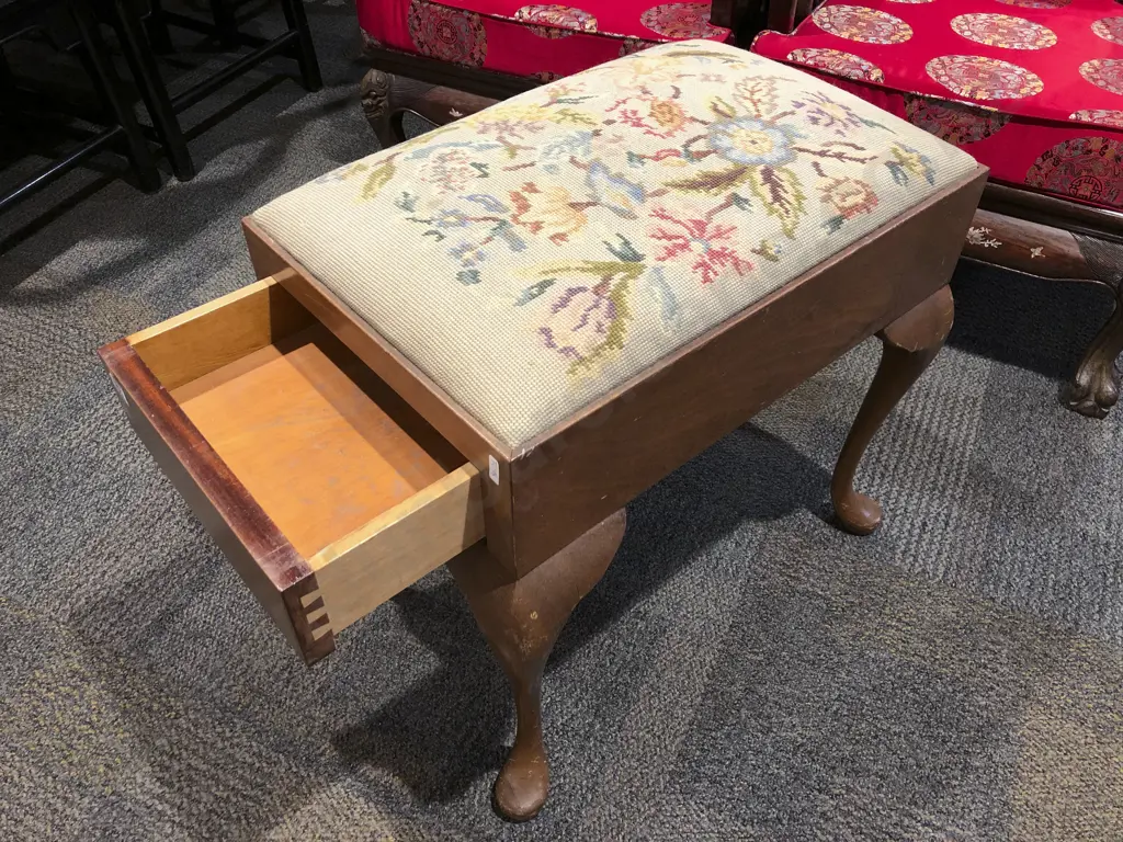 Mahogany Tapestry Seated Piano Stool with Pullout Drawer Image 1++