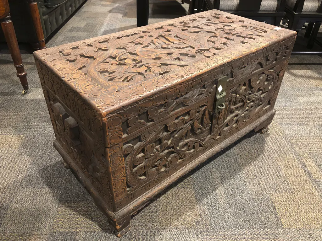 Carved Camphor Wood Chest with Dragon Decorations Image 1++