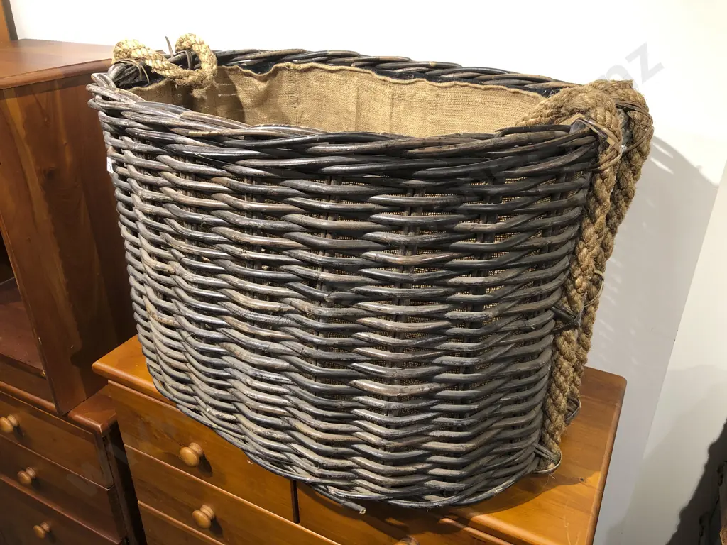 Large Cane Wood Basket with Rope Handles Image 1++
