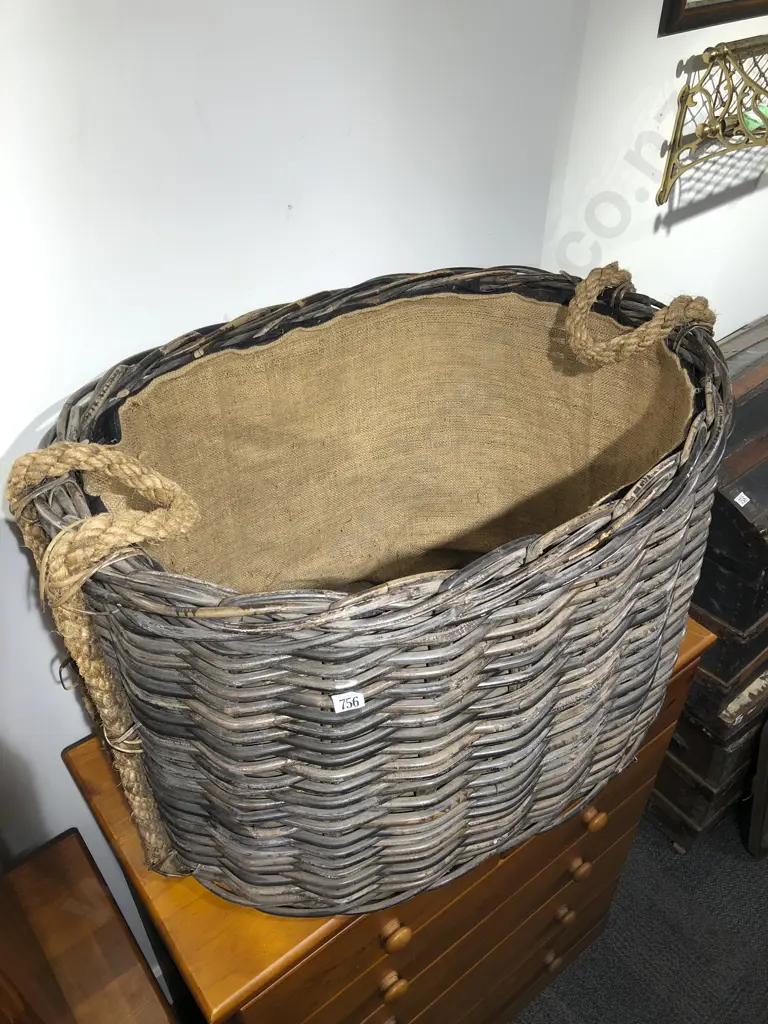 Large Cane Wood Basket with Rope Handles Image 1++