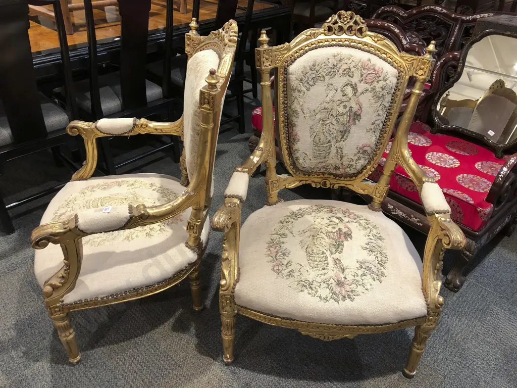 Pair of French Style Gilt Painted Bergere Armchairs Image 1++
