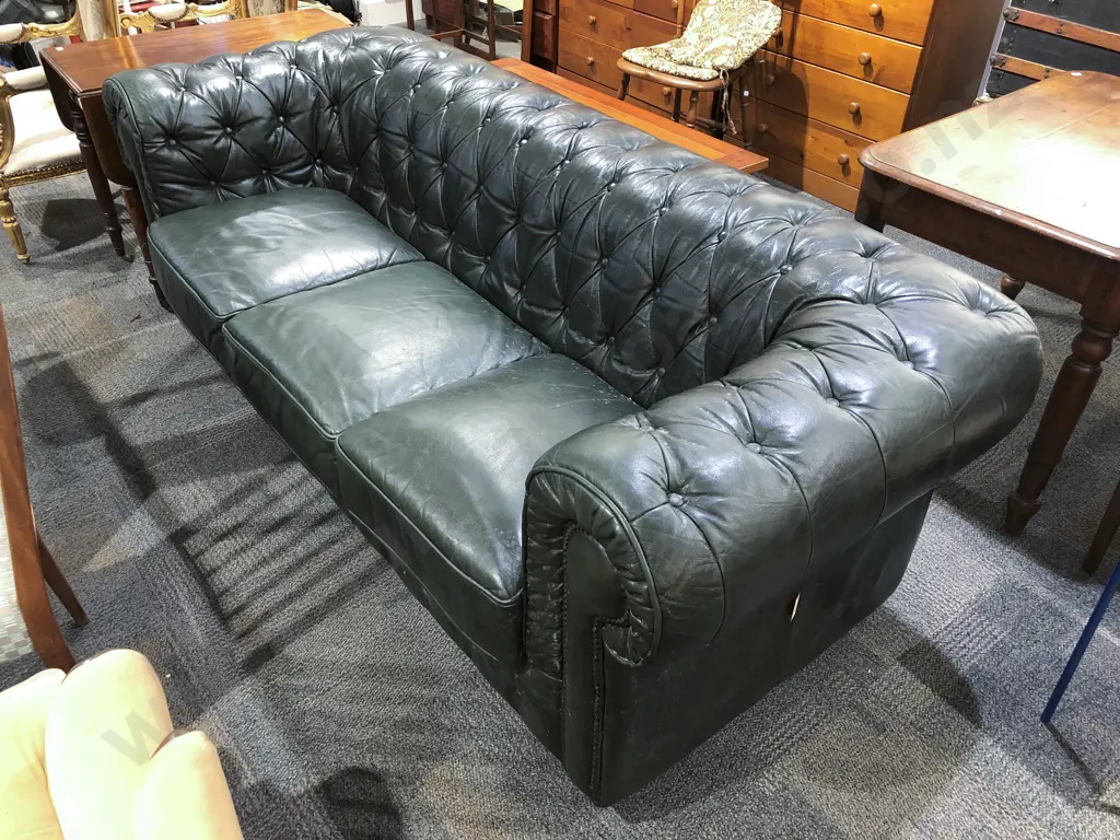 Celine's Green Leather Chesterfield Three Seater Sofa Image 1++