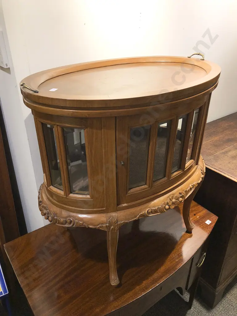 Carved Walnut Bevelled Glass Display Cabinet with Lift Off Tray Top Image 1++