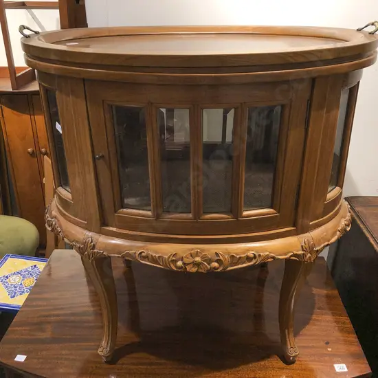 Carved Walnut Bevelled Glass Display Cabinet with Lift Off Tray Top