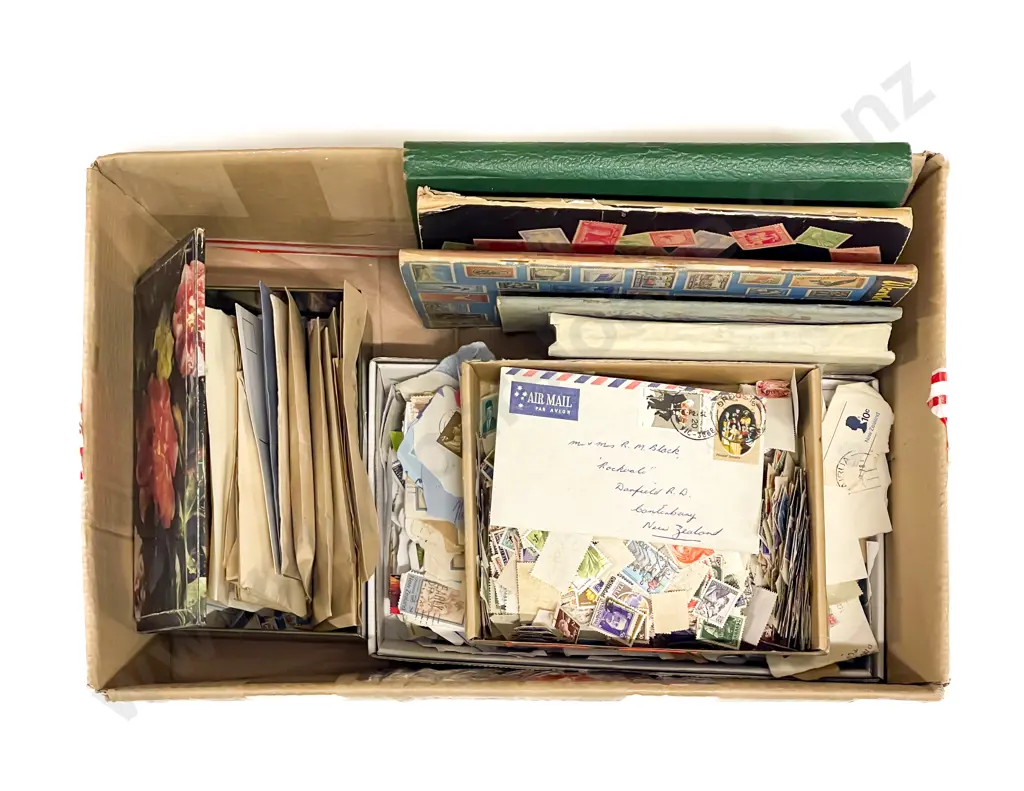 NZ and World Vintage Five (School Boy) Stamp Albums with loose and semi-sorted stamps Image 1++