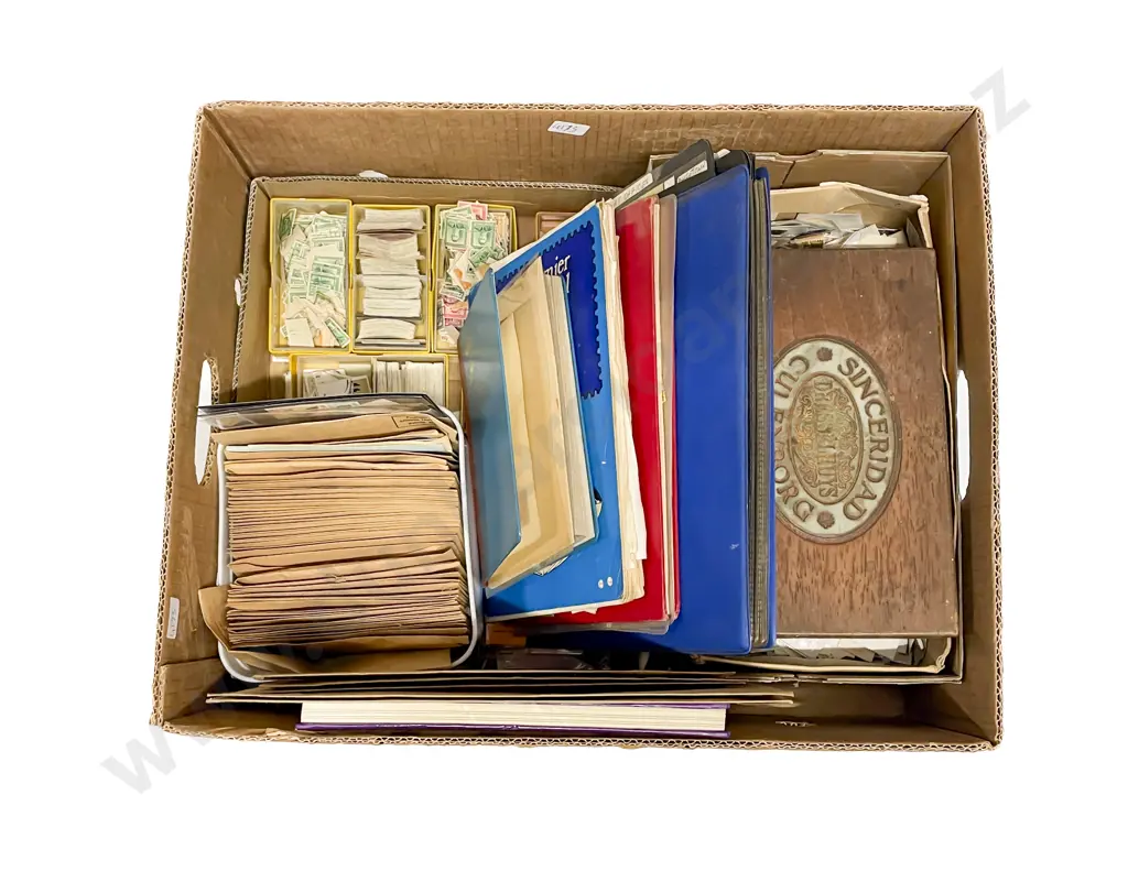 NZ Carton Qty Semi-Sorted Loose Stamps two World Albums and Reference Image 1++