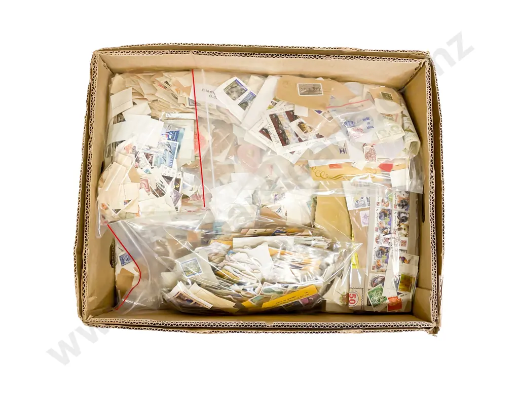 Carton Qty Mainly NZ with World Unsorted Stamps Image 1++