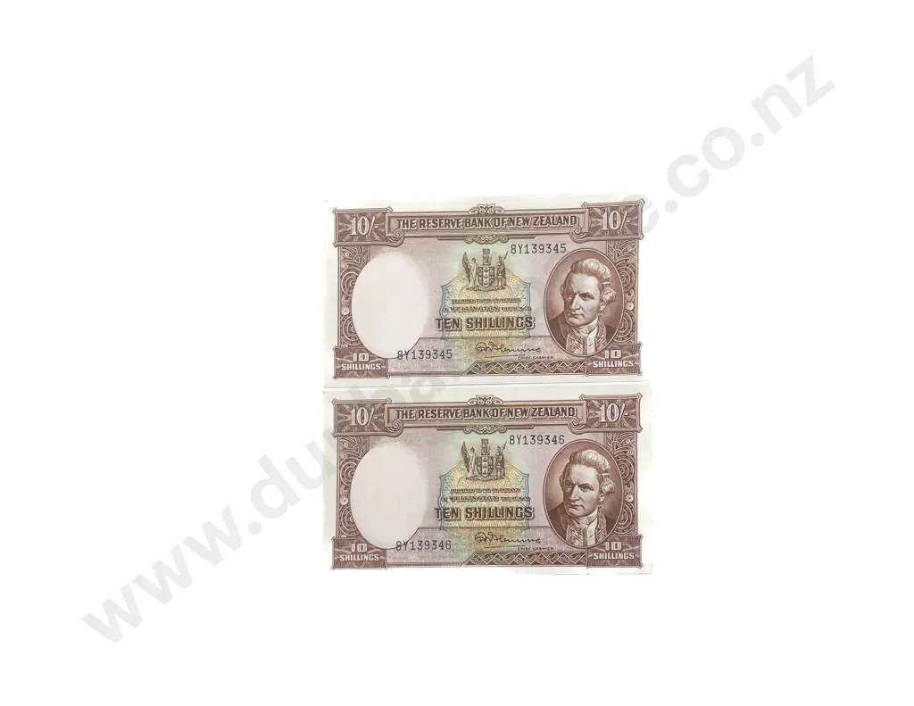 NZ Two Unc Consecutive Ten Shilling Bank Notes signed Fleming Image 1++