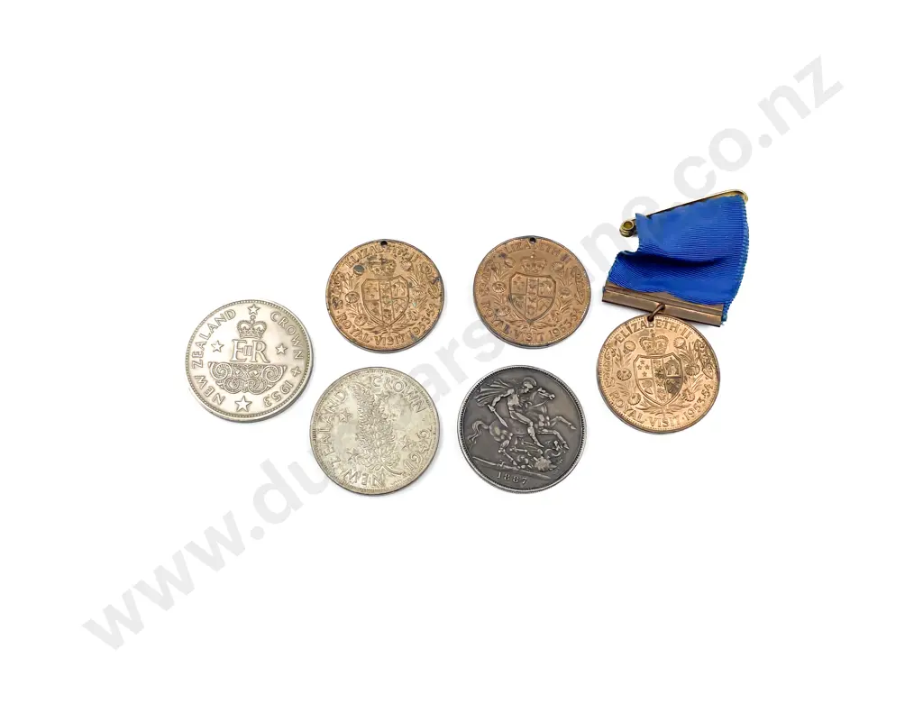 UK Victoria 1887 Silver Crown NZ 1949 1953 Crowns and three 1953 Royal Visit Medals Image 1++