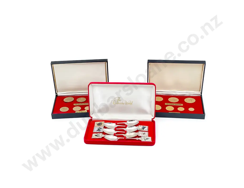 NZ Three Plated Pre-decimal Coin Sets Stamp Spoons and small Qty mounted World Coinage Image 1++