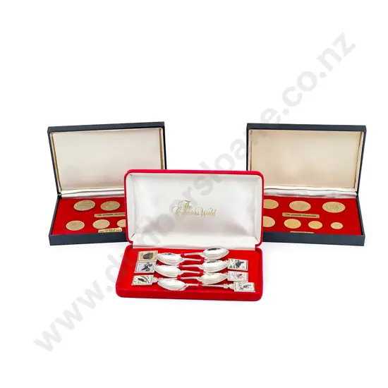 NZ Three Plated Pre-decimal Coin Sets Stamp Spoons and small Qty mounted World Coinage