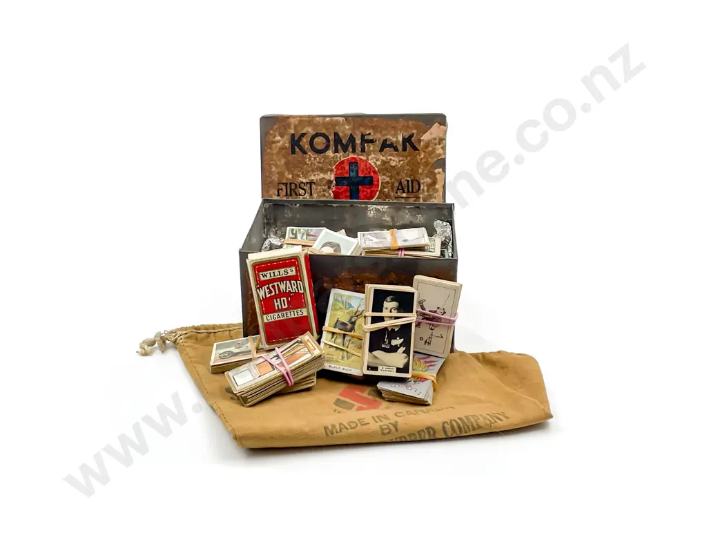 Qty Loose Sorted Sets Cigarette Cards with Kompak First Aid Tin and Seiberling Tubes Canvas Bag Image 1++