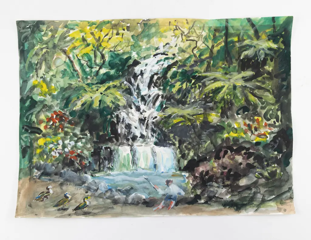 Bernard Aris (1887 - 1977) - Figure Fishing Near Waterfall (unframed) Image 1++