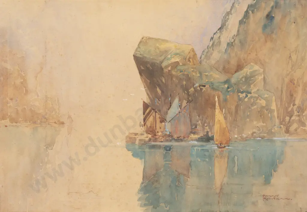 Harry Rountree (1878 - 1950) - Rocky Coast with Boats Image 1++