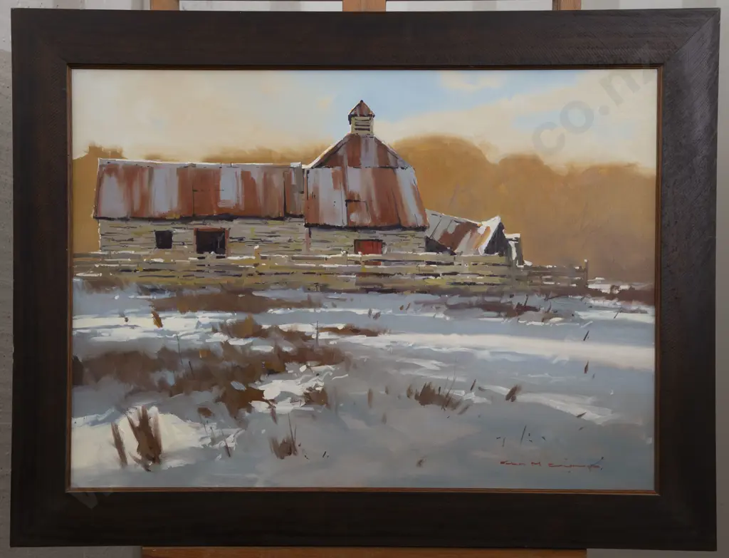 John Crump (b 1943) - Farm Buildings in Snow Image 1++