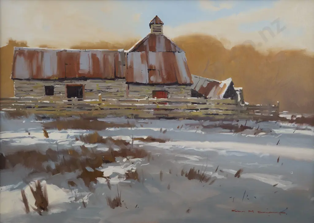 John Crump (b 1943) - Farm Buildings in Snow Image 1++