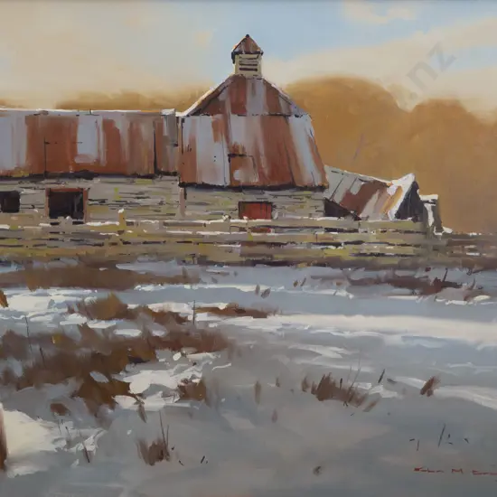 John Crump (b 1943) - Farm Buildings in Snow