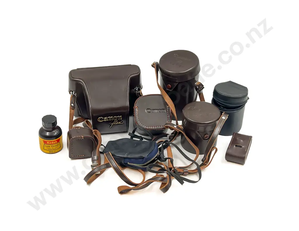 Vintage Leather Camera Bag with Vintage Canon Camera with Lens & Accessories Image 1++