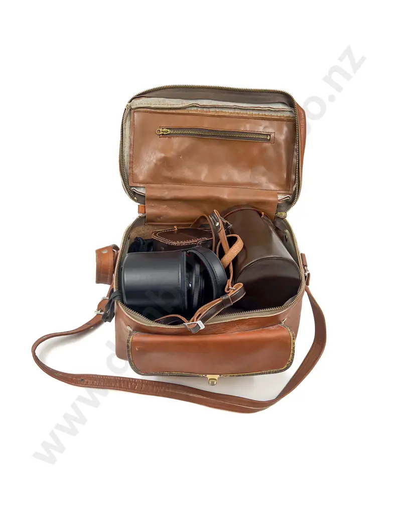 Vintage Leather Camera Bag with Vintage Canon Camera with Lens & Accessories Image 1++
