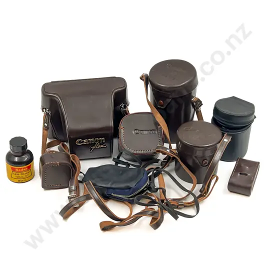 Vintage Leather Camera Bag with Vintage Canon Camera with Lens & Accessories