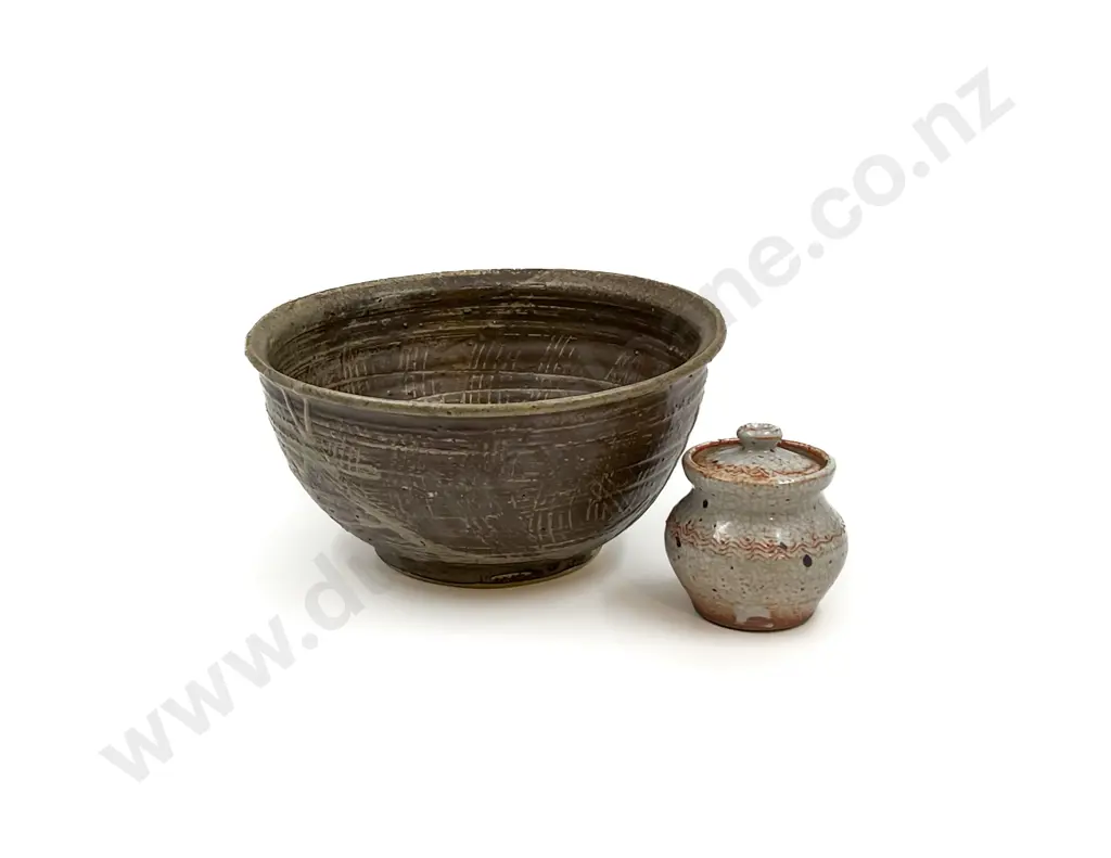 Pottery Bowl together with Small Pottery Lidded Jar Image 1++
