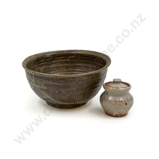 Pottery Bowl together with Small Pottery Lidded Jar