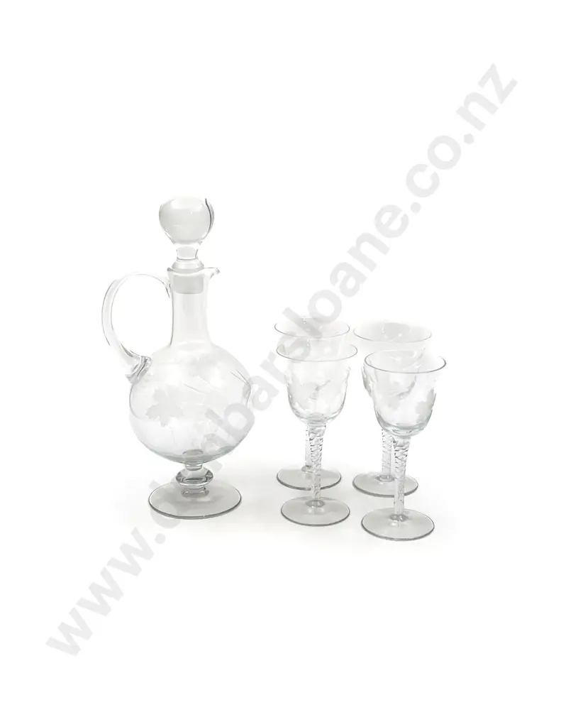 Etched Glass Ewer and Five Matching Goblets Image 1++