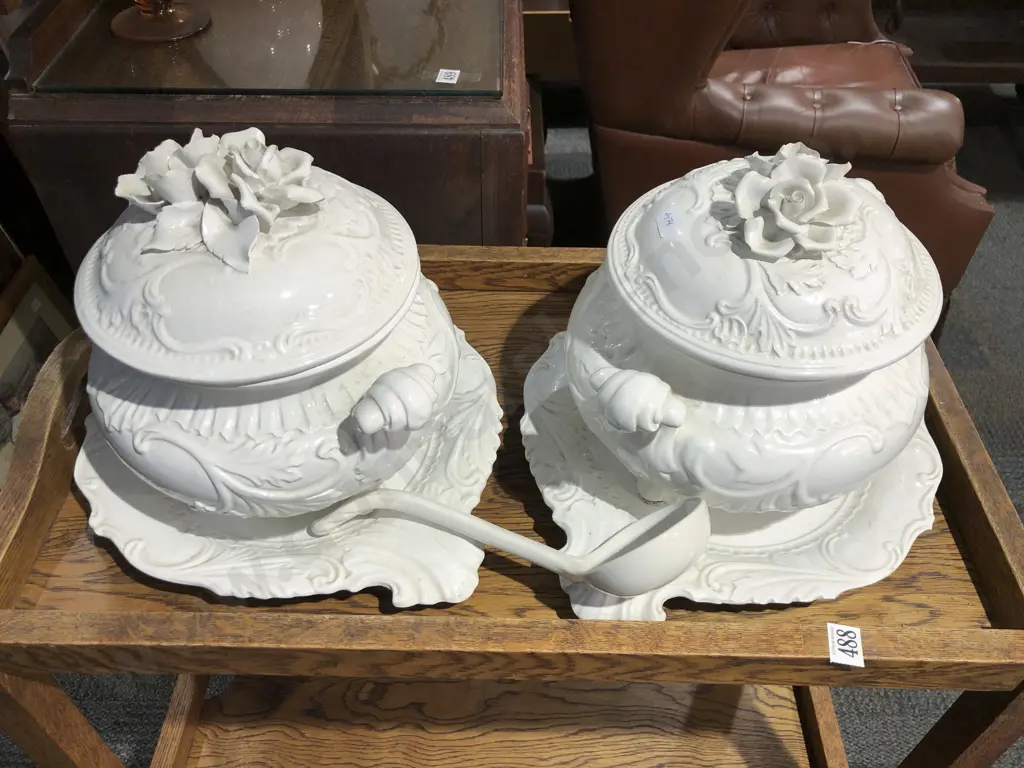 Pair of White Glazed Ceramic Tureens & Matching Trays Image 1++