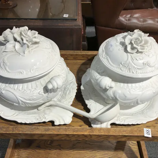 Pair of White Glazed Ceramic Tureens & Matching Trays