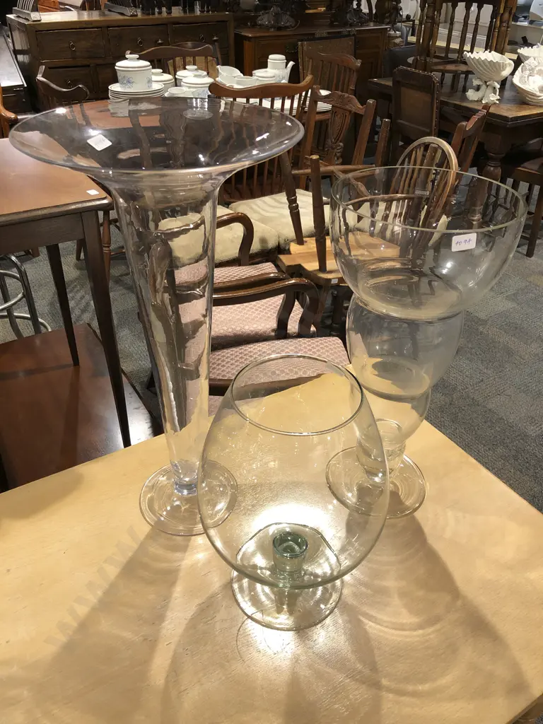 Two Large Glass Vases together with Novelty Sized Brandy Balloon Image 1++