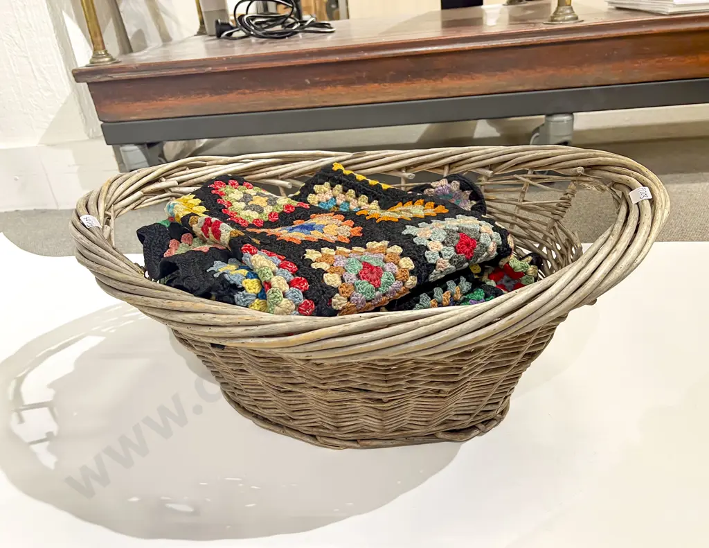 Vintage Wicker Basket together with Crochet Blanket Image 1++