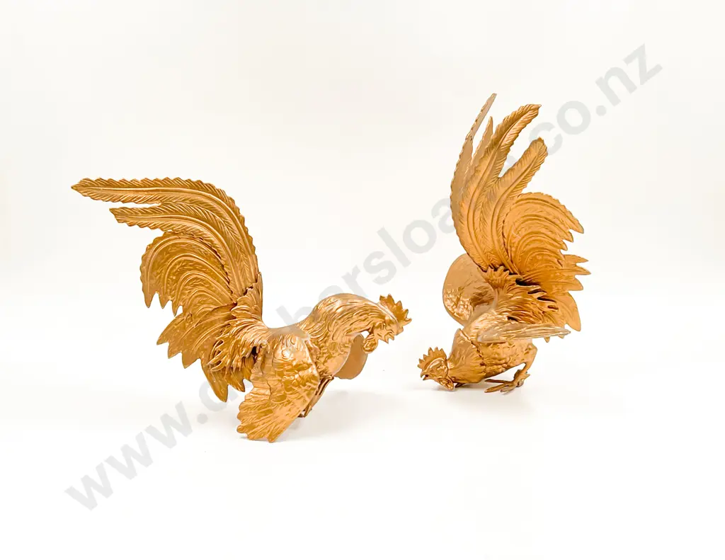 Pair of Gilt Painted Metal Fighting Roosters Image 1++