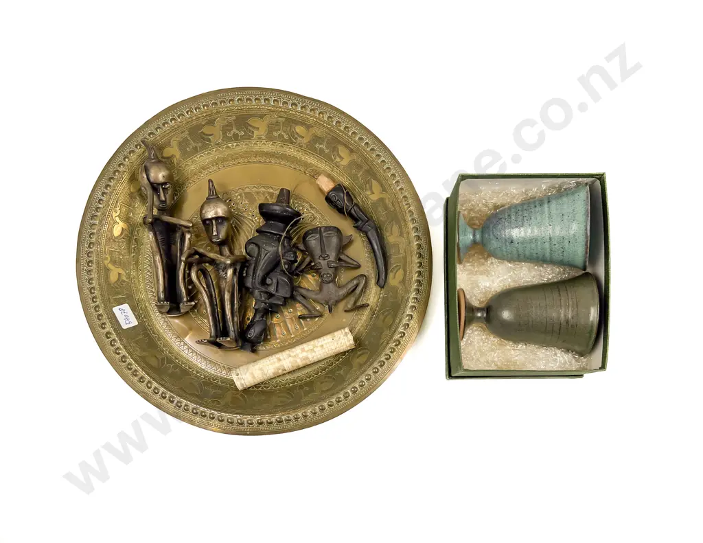 Two Pottery Goblets together with Figures on Brass Tray Image 1++