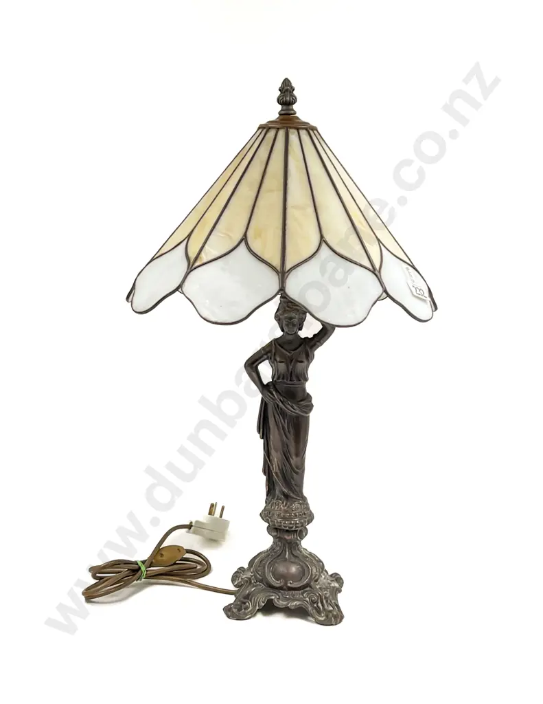 Cast Metal Figural Table Lamp with Leadlight Shade Image 1++