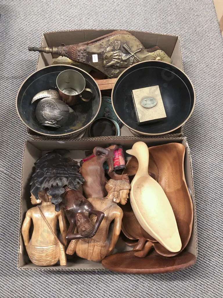 Two Boxes of Assorted Wood & Metal Ware Image 1++