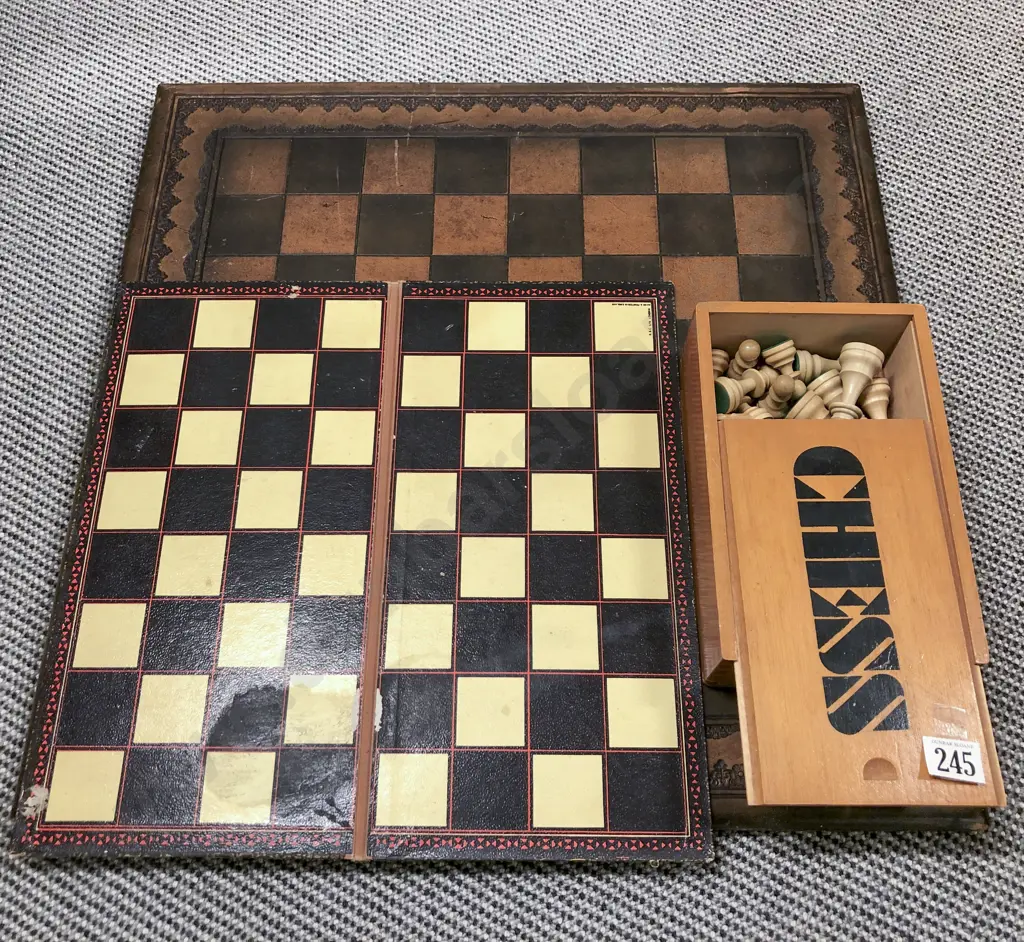Vintage Leather Chess Board together Chess Set & Other Image 1++