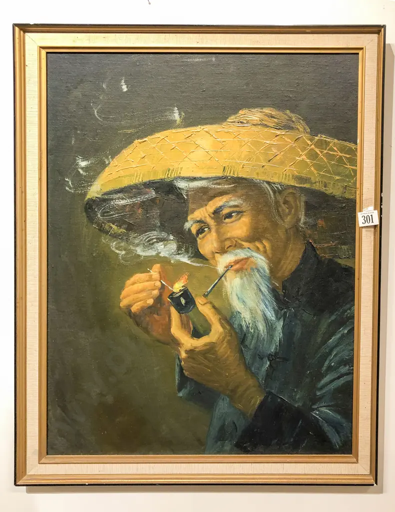 Artist Unknown - Oil Portrait of Pipe Smoking Man Image 1++