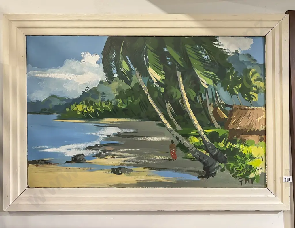Indistinctly Signed Tropical Landscape - Oil on Board Image 1++