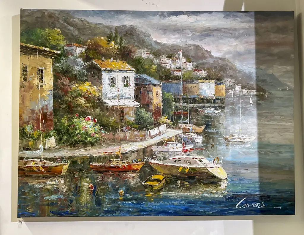 Indistinctly Signed - Large Mediterranean Oil on Canvas Harbour Scene Image 1++