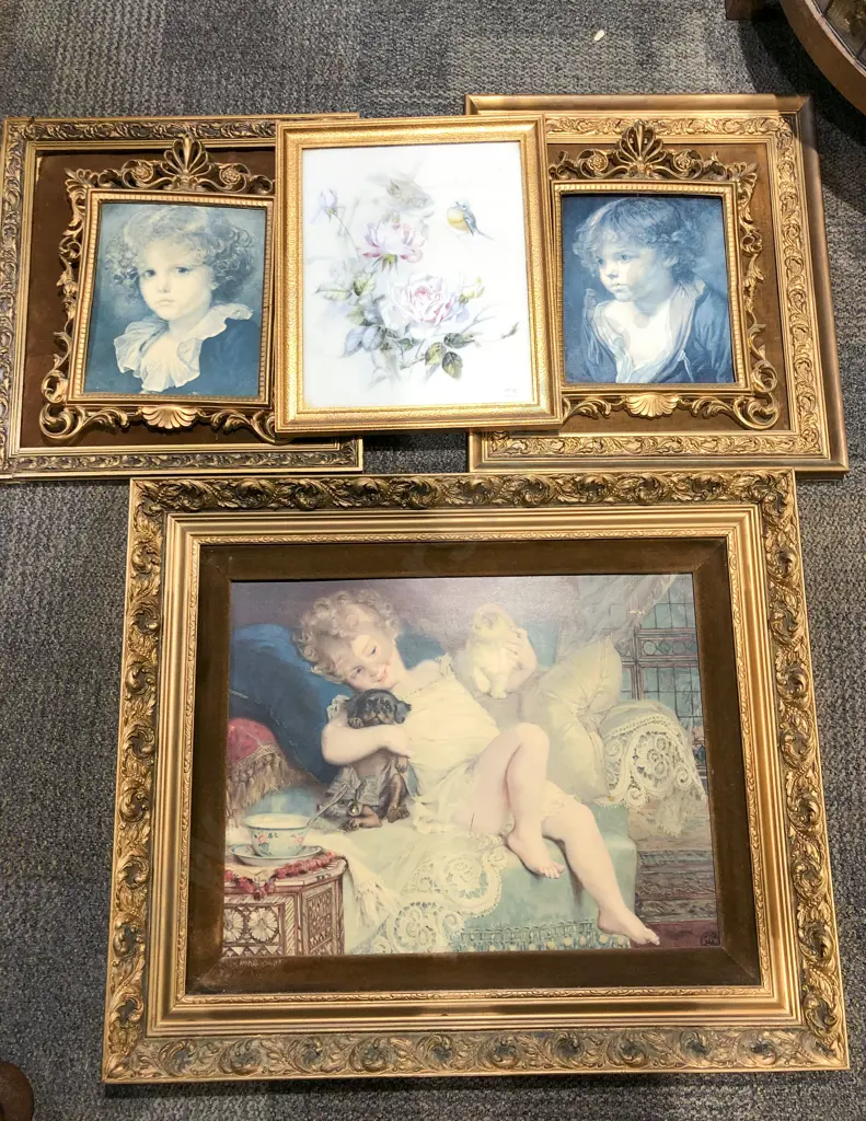 Three Gilt Framed Prints together with Bird Study Painted on Glass (Faults) Image 1++