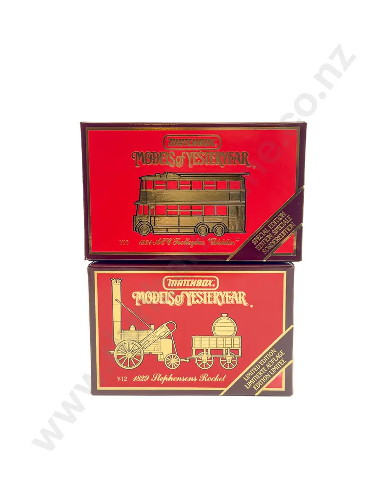 Models of Yesteryear Y-10 1934 Trolley Bus and Y-12 1829 Stephensons Rocket Image 1++